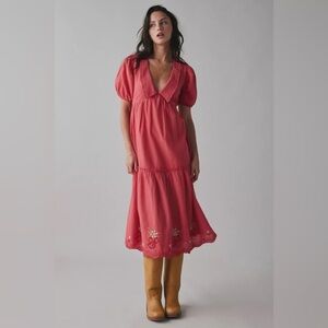 Kimchi Blue Hunter Floral Embroidered Keyhole Cutout Midi Dress- Red Cotton